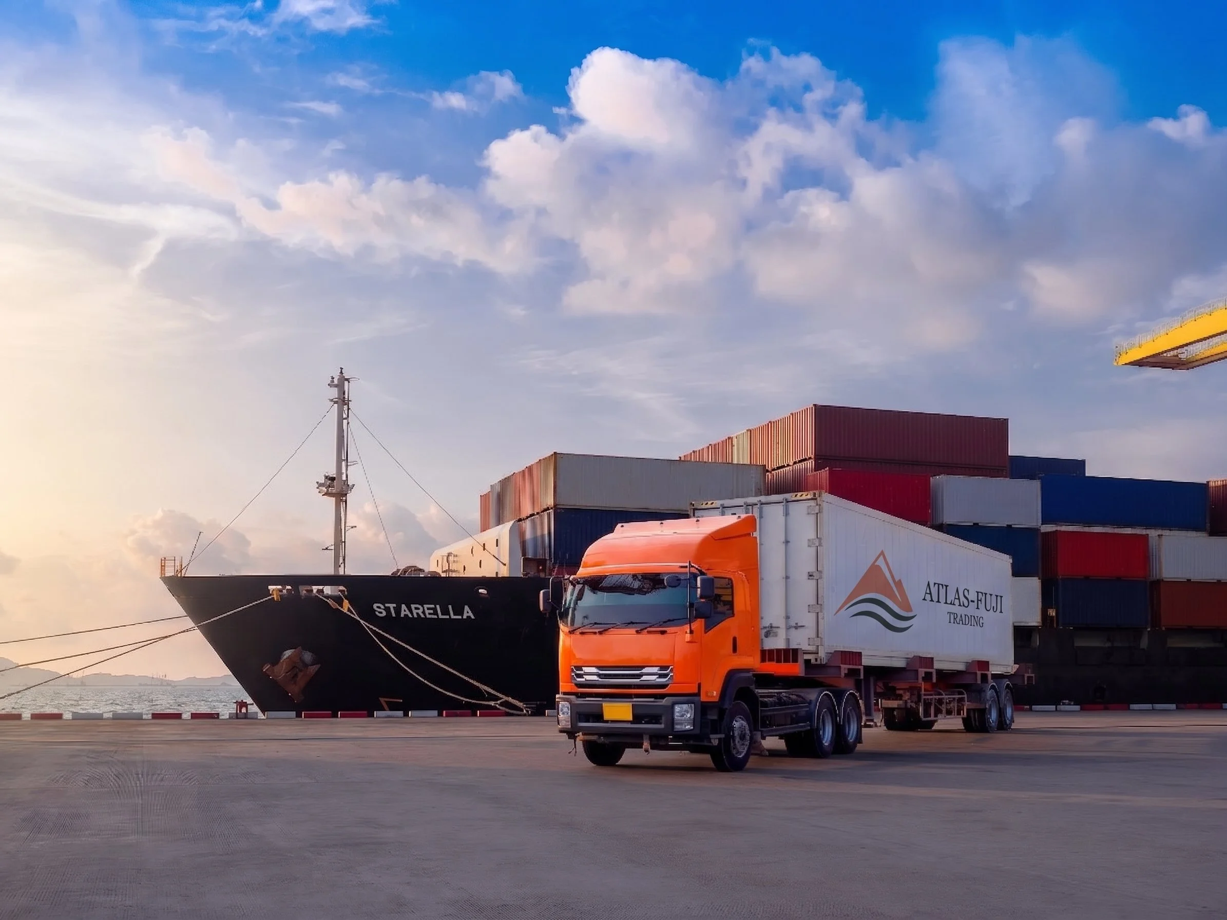 Cargo ship docked at port with containers and a truck nearby, under a blue sky with clouds.