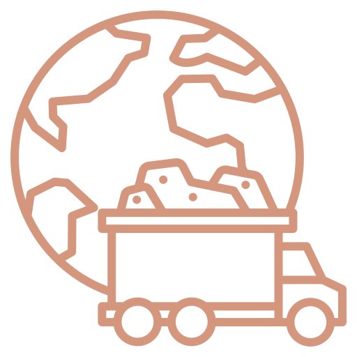 Outline of a truck carrying rocks in front of a globe.