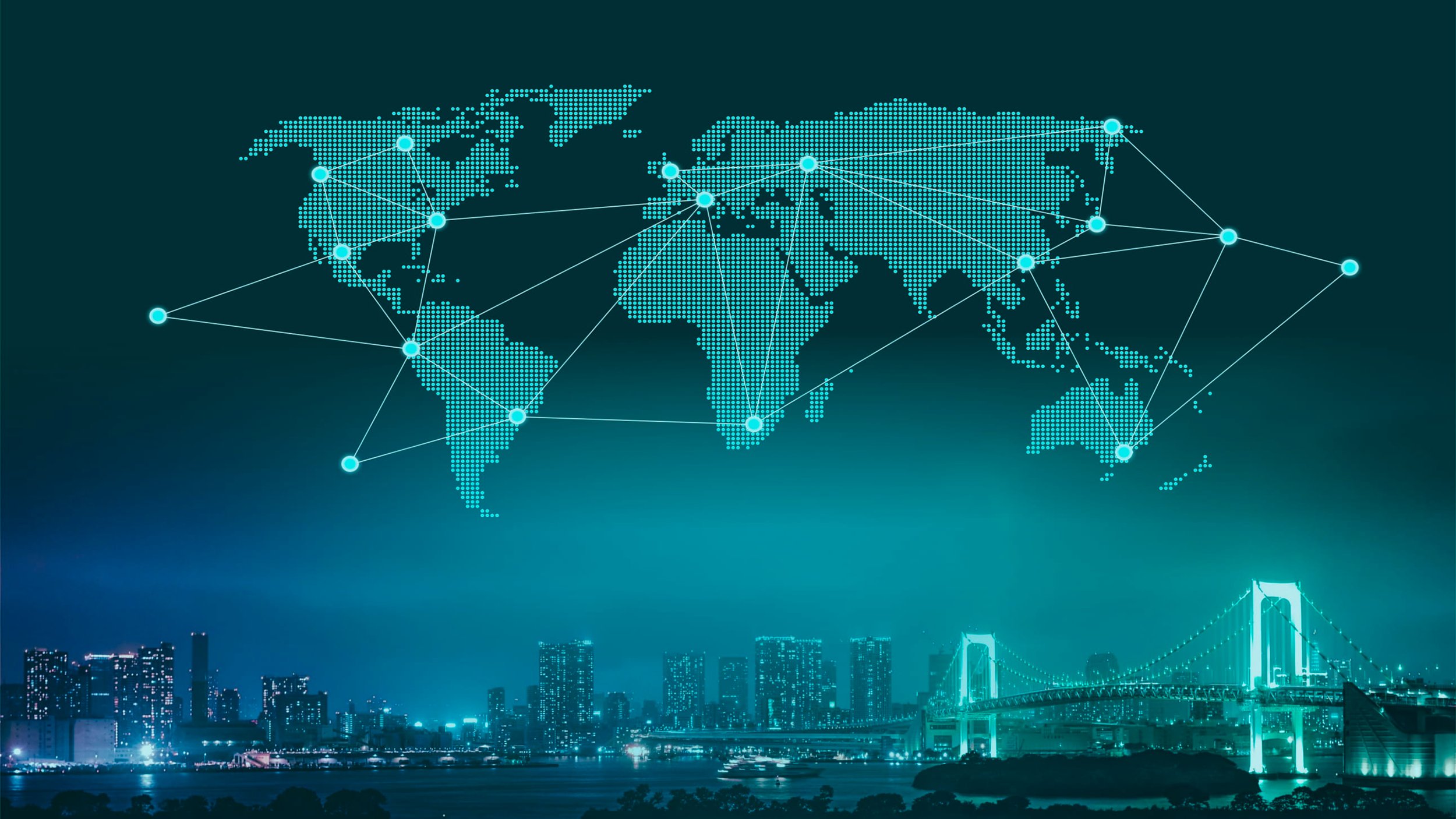 A digital illustration of a world map composed of dotted lines and connecting points, superimposed over a city skyline at night with illuminated buildings and a bridge.