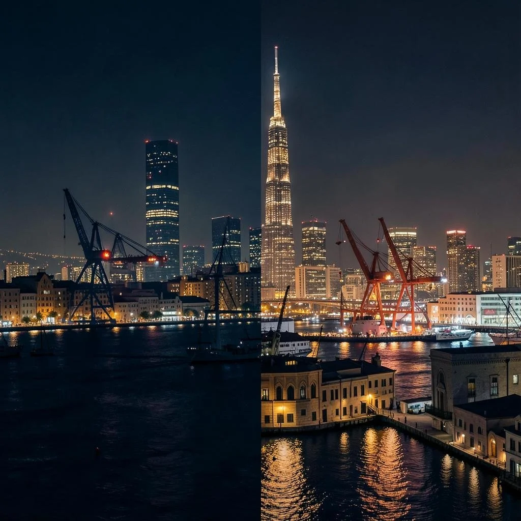 Nighttime cityscape of downtown with illuminated skyscrapers and waterfront, including the illuminated Burj Khalifa and red cranes.