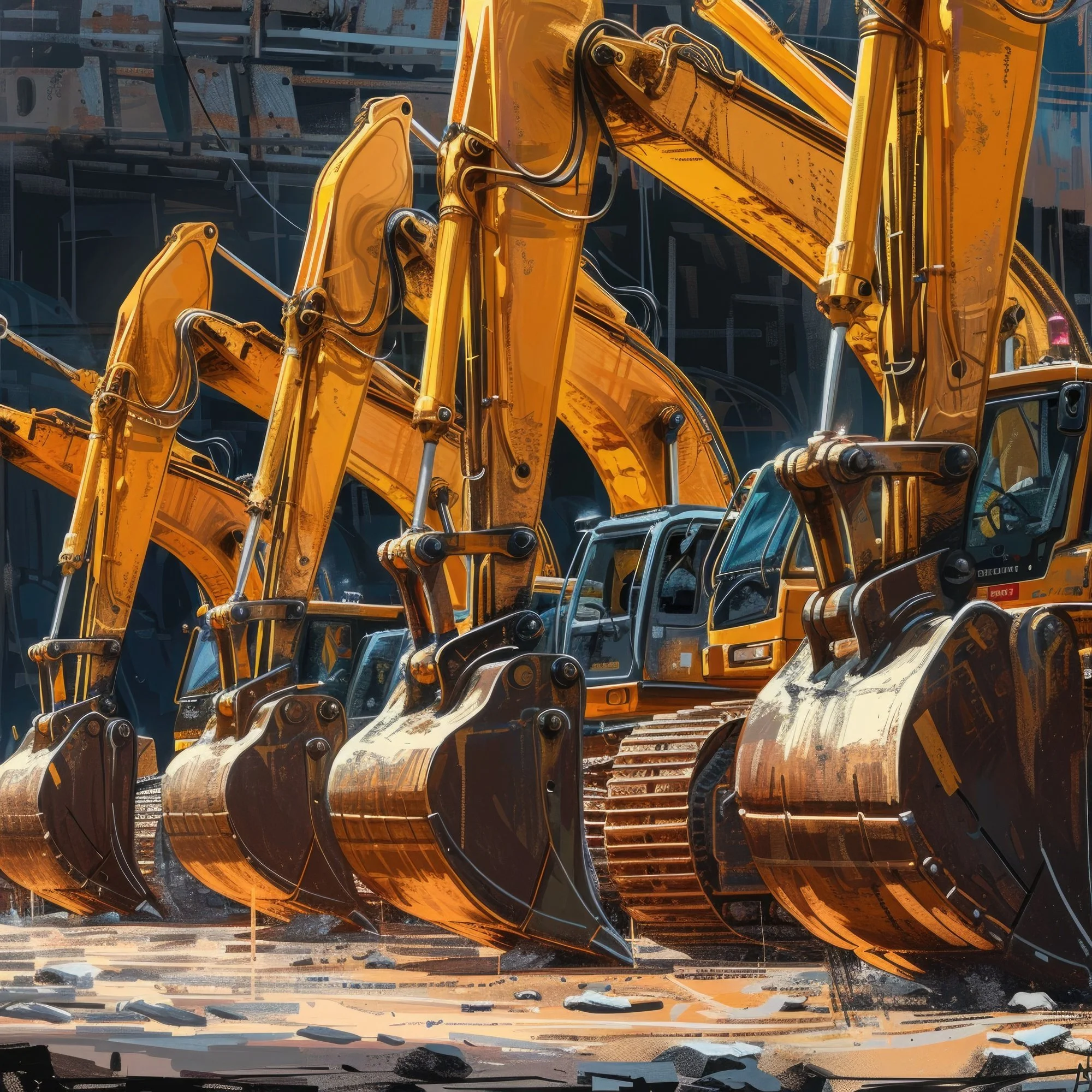 A distorted, abstract image of yellow construction excavators. The image appears to be heavily edited or glitched, giving it a layered, fragmented appearance.