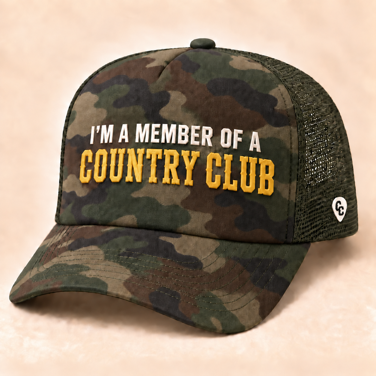 Design 8: Camo Member trucker hat reading I’m a Member of a Country Club