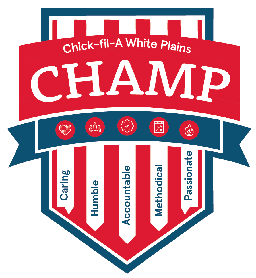 Chick-fil-A logo with a shield design in red, white, and blue colors, featuring the words Chick-fil-A White Plains and the acronym CHAMP with five characteristics listed below: Caring, Humble, Accountable, Methodical, Passionate, along with icons for each trait.