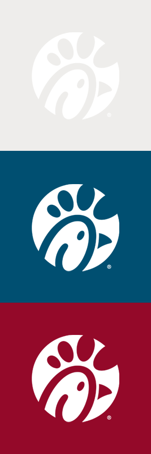 Chick-fil-A logo with a stylized chicken head in white, on a background with white, blue, and red sections.