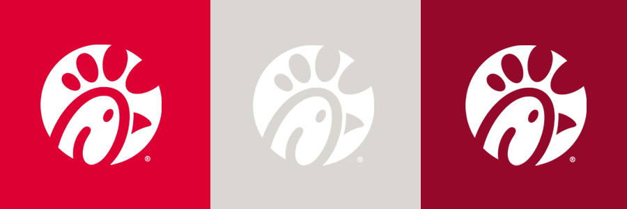Chick-fil-A logo shown in three variations with red, light gray, and dark red backgrounds.