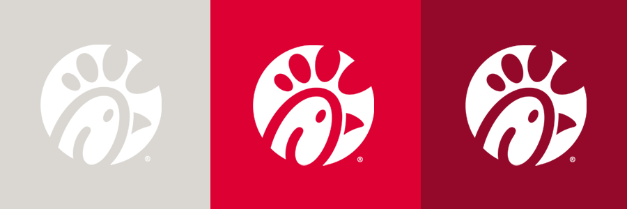 Chick-fil-A logo in three color block backgrounds: gray, red, and dark red.