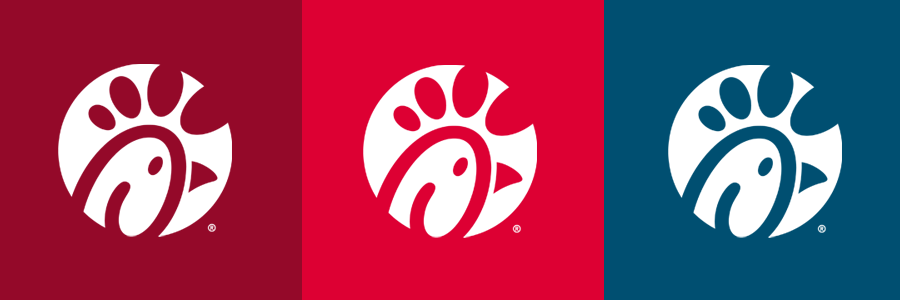 Chick-fil-A logo with chicken head illustration on a tri-color background of red, blue, and maroon.