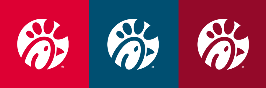 Chick-fil-A logo with three variations, each depicting a stylized chicken head in a circle, in red, blue, and maroon backgrounds.
