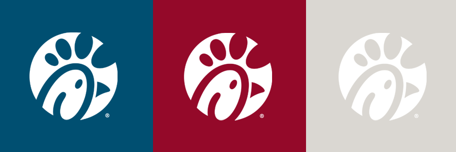 Chick-fil-A logo displayed on three different color backgrounds: dark teal, maroon, and light gray.