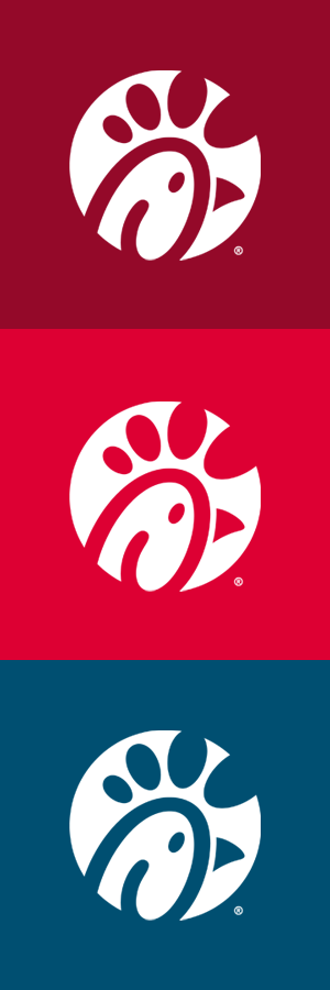 Chick-fil-A logo displayed on three background colors: maroon, red, and navy blue.