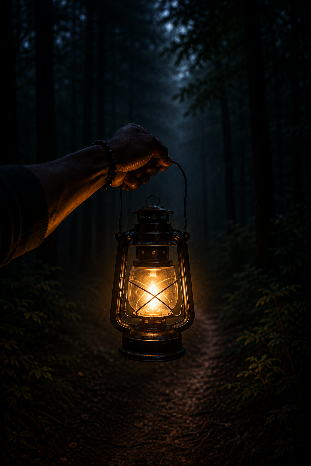 A person holding an antique lantern with a lit candle inside on a dark outdoor trail in a forest at dusk or night.