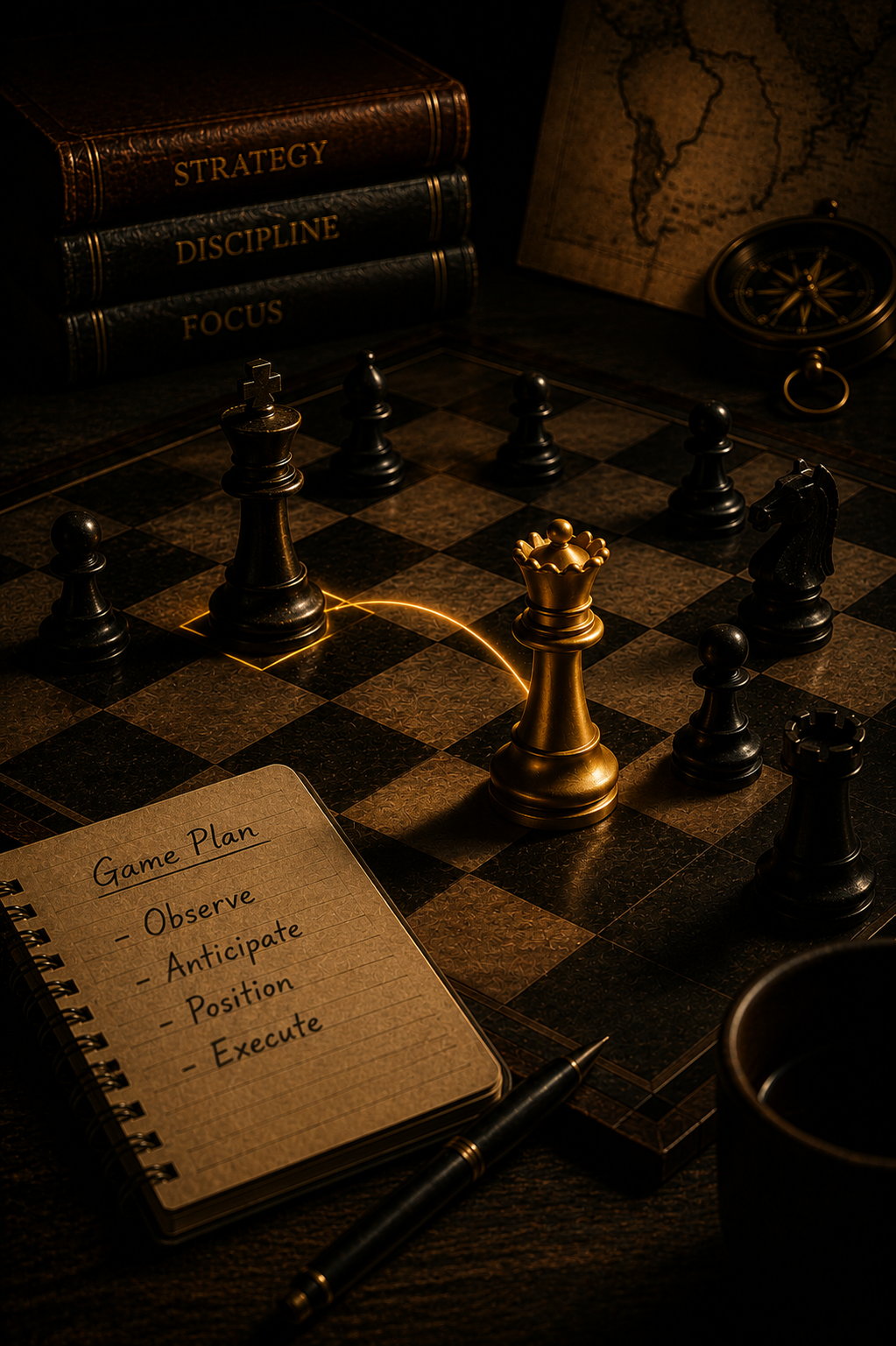 A chessboard with black and gold chess pieces, including a gold king and a black knight, on a dark wooden surface. A notepad with the game plan: observe, anticipate, position, execute. There is a compass, a map, and three thick books labeled 'Strategy,' 'Discipline,' and 'Focus' in the background.