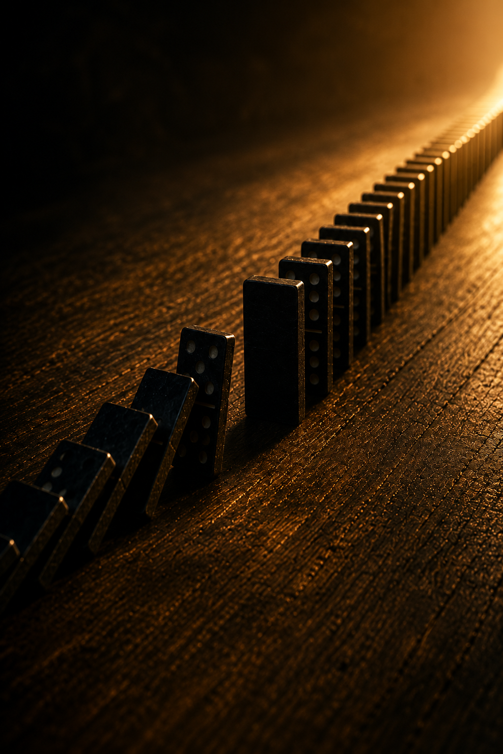 A row of dominoes set up on a wooden surface with warm lighting, showing a domino effect beginning.