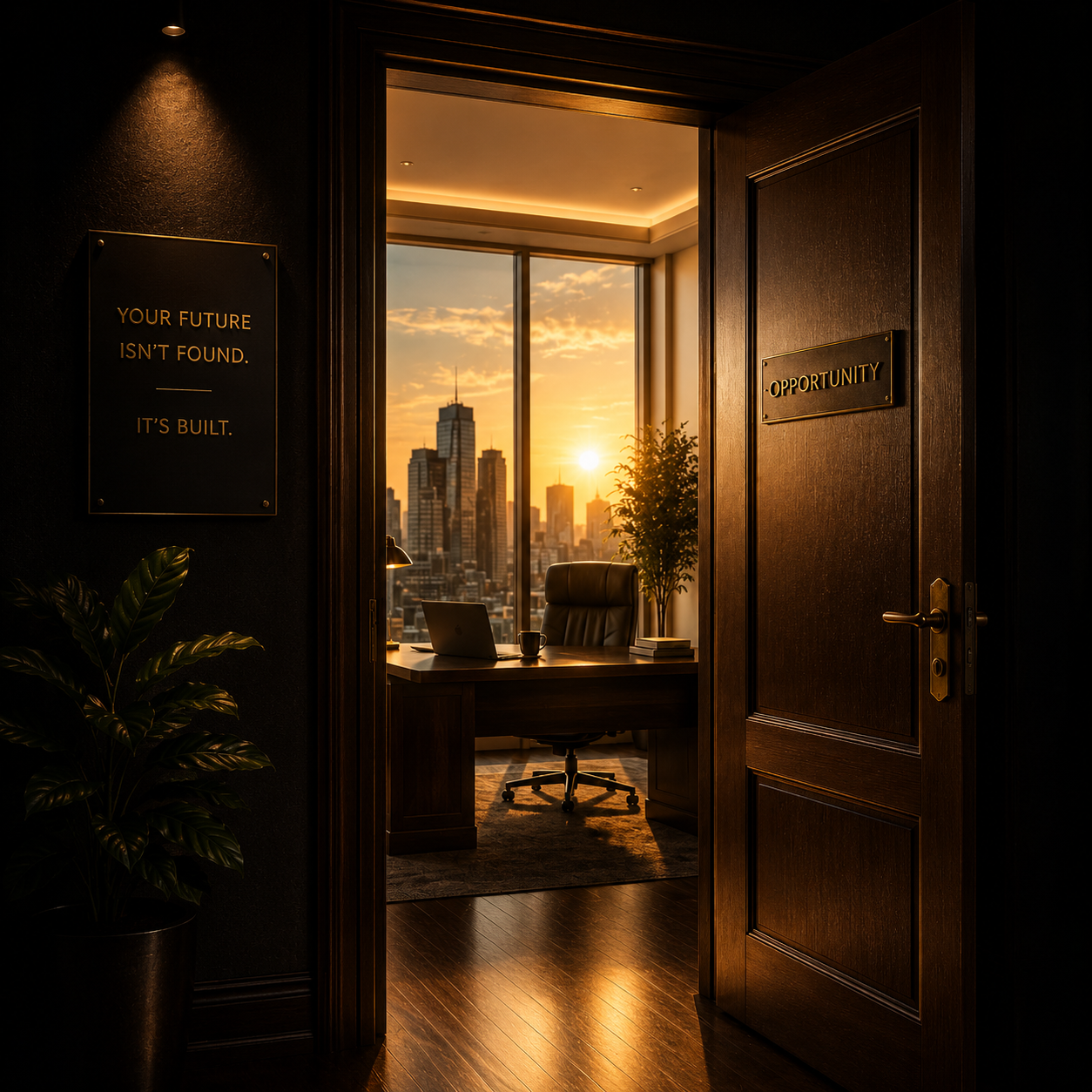 An office with a wooden desk, office chair, laptop, coffee mug, and potted plant, with large windows showing a city skyline at sunset. Sign on wall says, "Your future isn’t found. It’s built," and door sign reads "Opportunity."