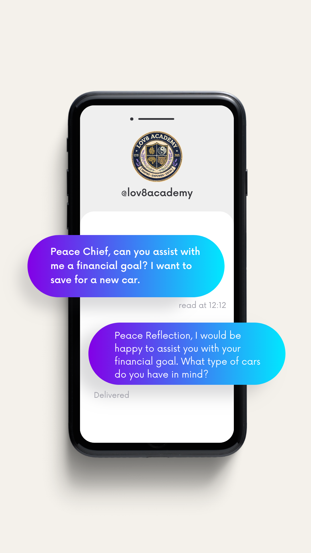 Smartphone displaying a chat conversation with a logo at the top, with messages about financial goals and car savings.