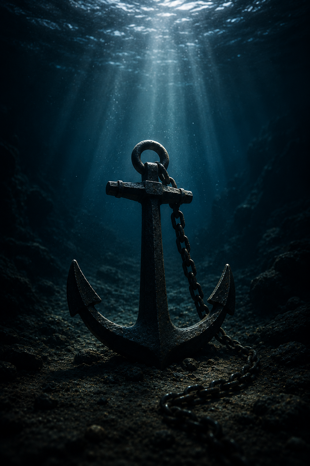 An anchor sitting on the ocean floor with light beams shining down from above the water surface.