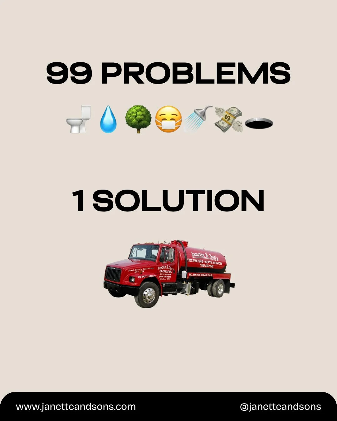 99 septic problems, 1 phone call. 📞

Backups, bad smells, soggy yards, slow drains, they all lead back to the same fix: someone who actually knows what they're doing under your property.

📞 (248) 685-1948 or 🌐 www.janetteandsons.com &mdash; Milfor