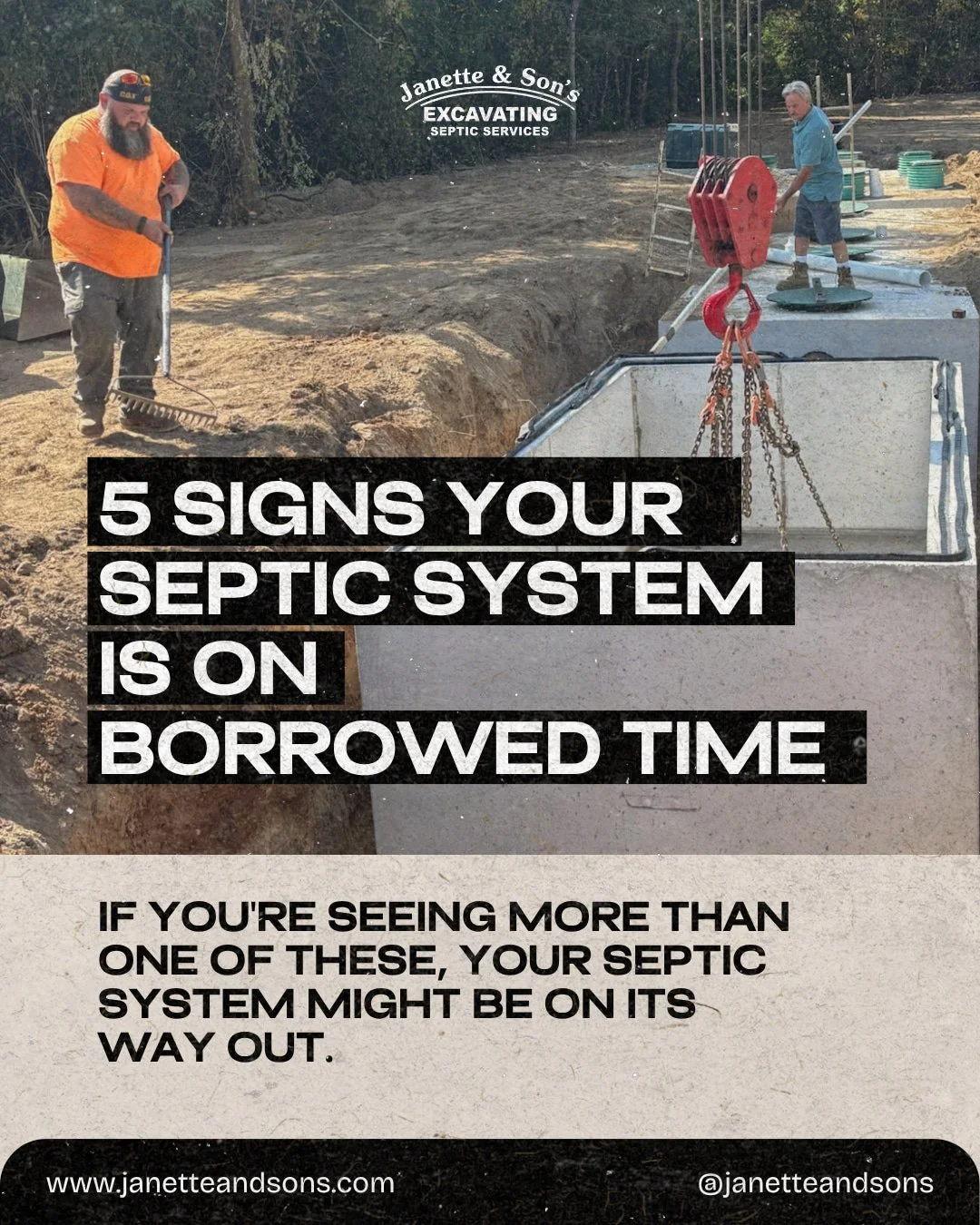 Your septic system doesn't fail overnight, it usually gives warning signs first. Here are 5 to watch for. ⚠️

Slow drains in more than one spot, standing water by the drain field, a suspiciously green patch of grass, new odors, or it's just been way 