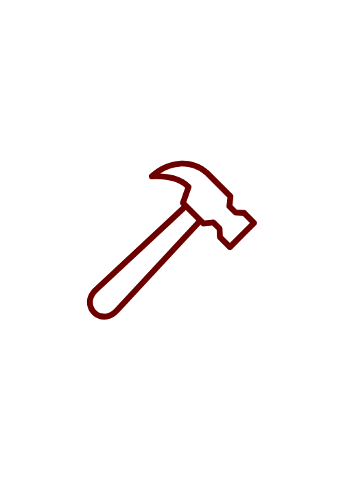 An icon of a hammer with a red outline on a black background.