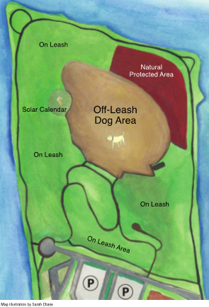 Map of a dog park showing off-leash area, on-leash area, natural protected area, solar calendar, and parking zones.