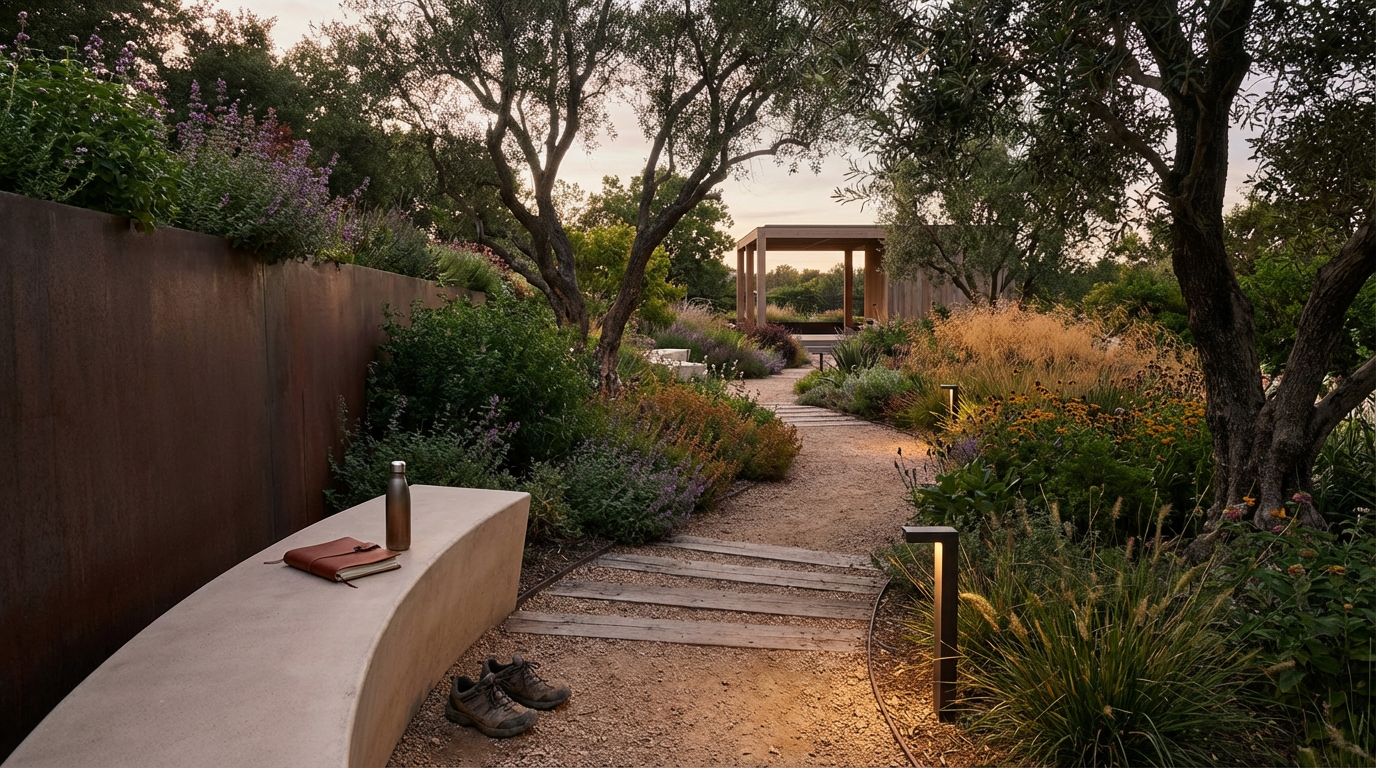 A peaceful garden with a gravel path, lush greenery, and trees. There's a curved bench with a water bottle, a notebook, and shoes nearby. In the background, a wooden pergola is visible at sunset.