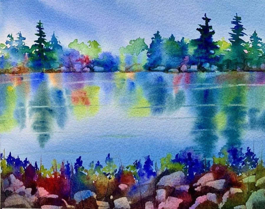 Watercolor painting of a lake with trees and reflections on the water.