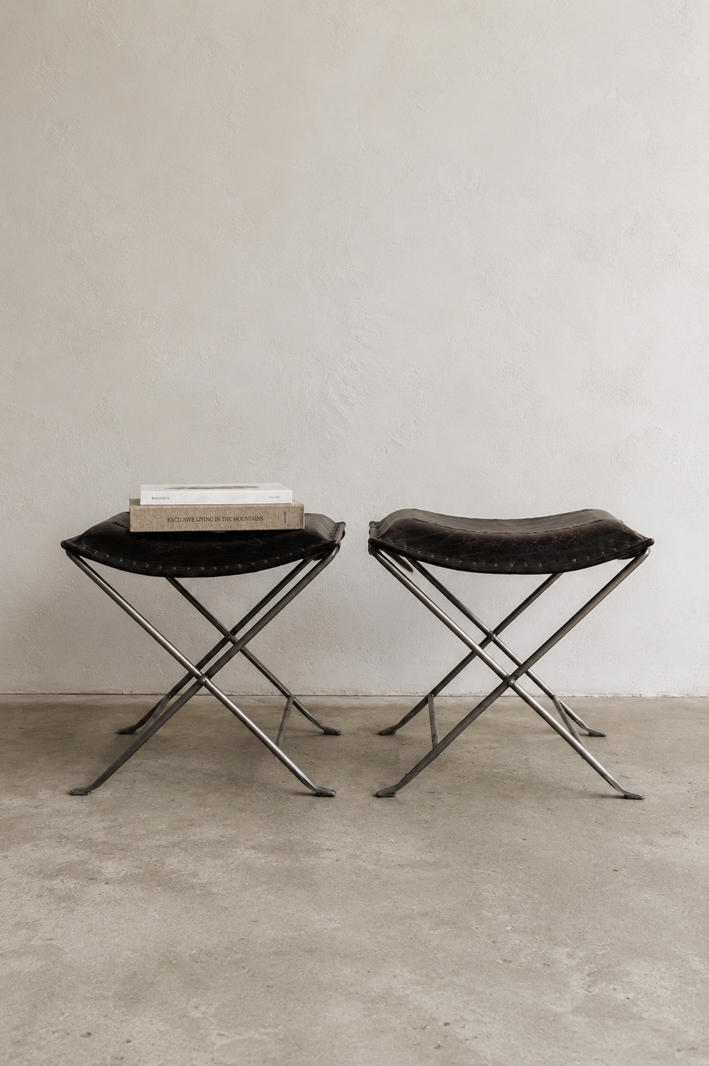 Leather and Steel Accent Stools/Ottomans - Pair