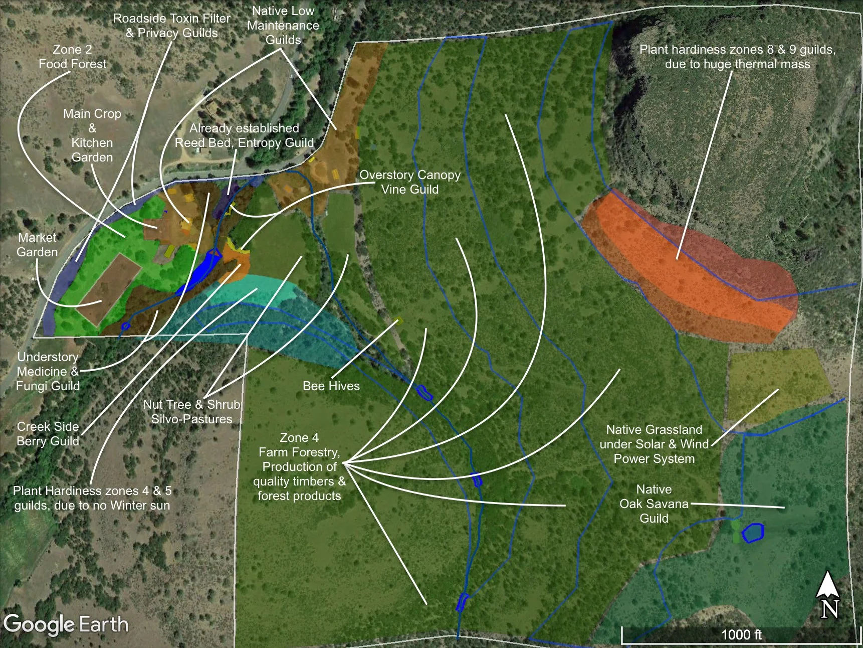 A detailed landscape map of a sustainable farm area, showing different zones labeled for specific uses such as food forest, gardens, guilds, medicinal and fungi guilds, bee hives, and forest products, with overlay lines indicating plant hardiness zones, canopy, and natural low and grassland areas.