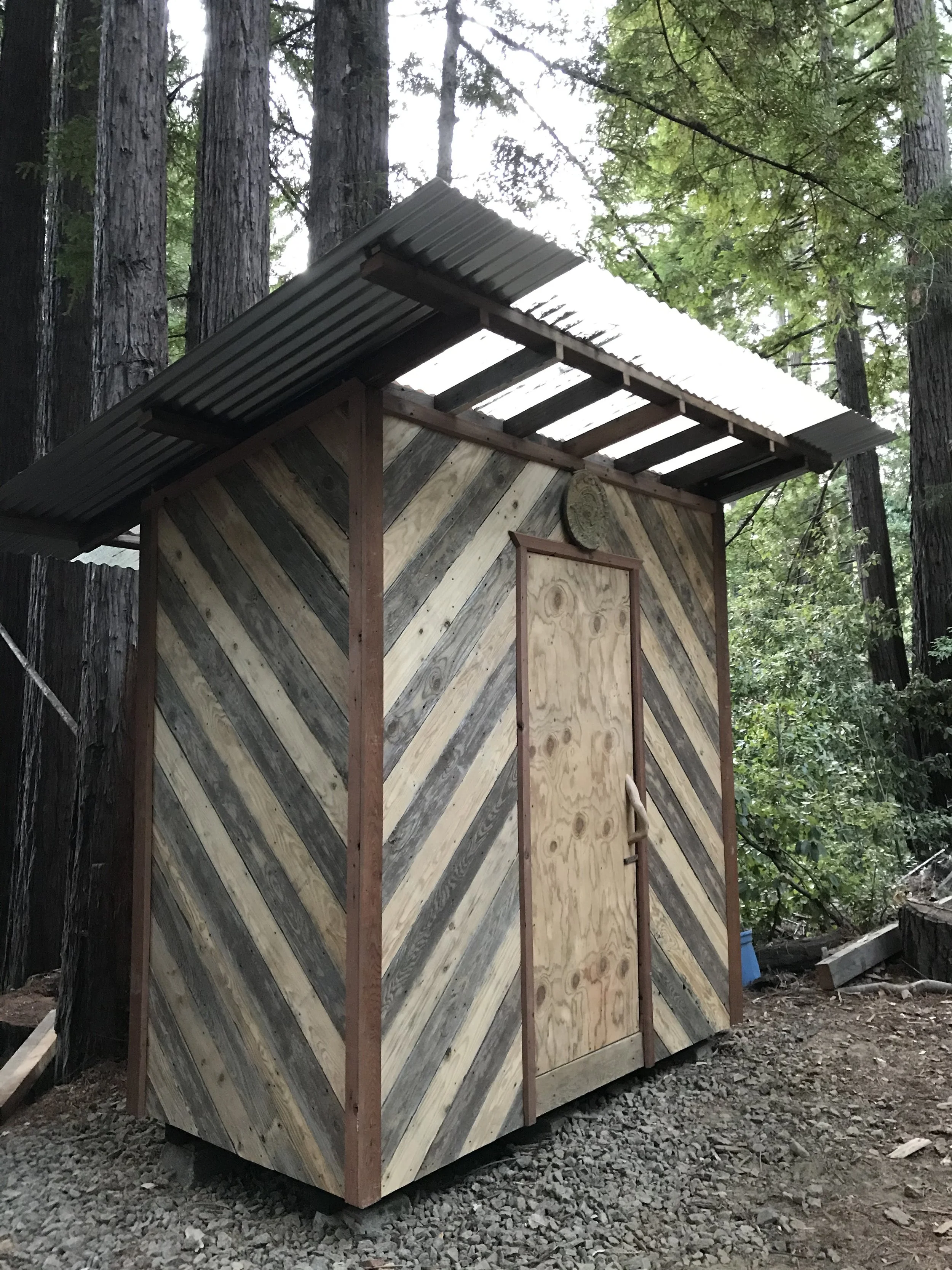 A small wooden structure with a slanted corrugated metal roof, situated among tall trees in a forest. The front of the structure is covered with diagonal wooden planks and a section of plywood.
