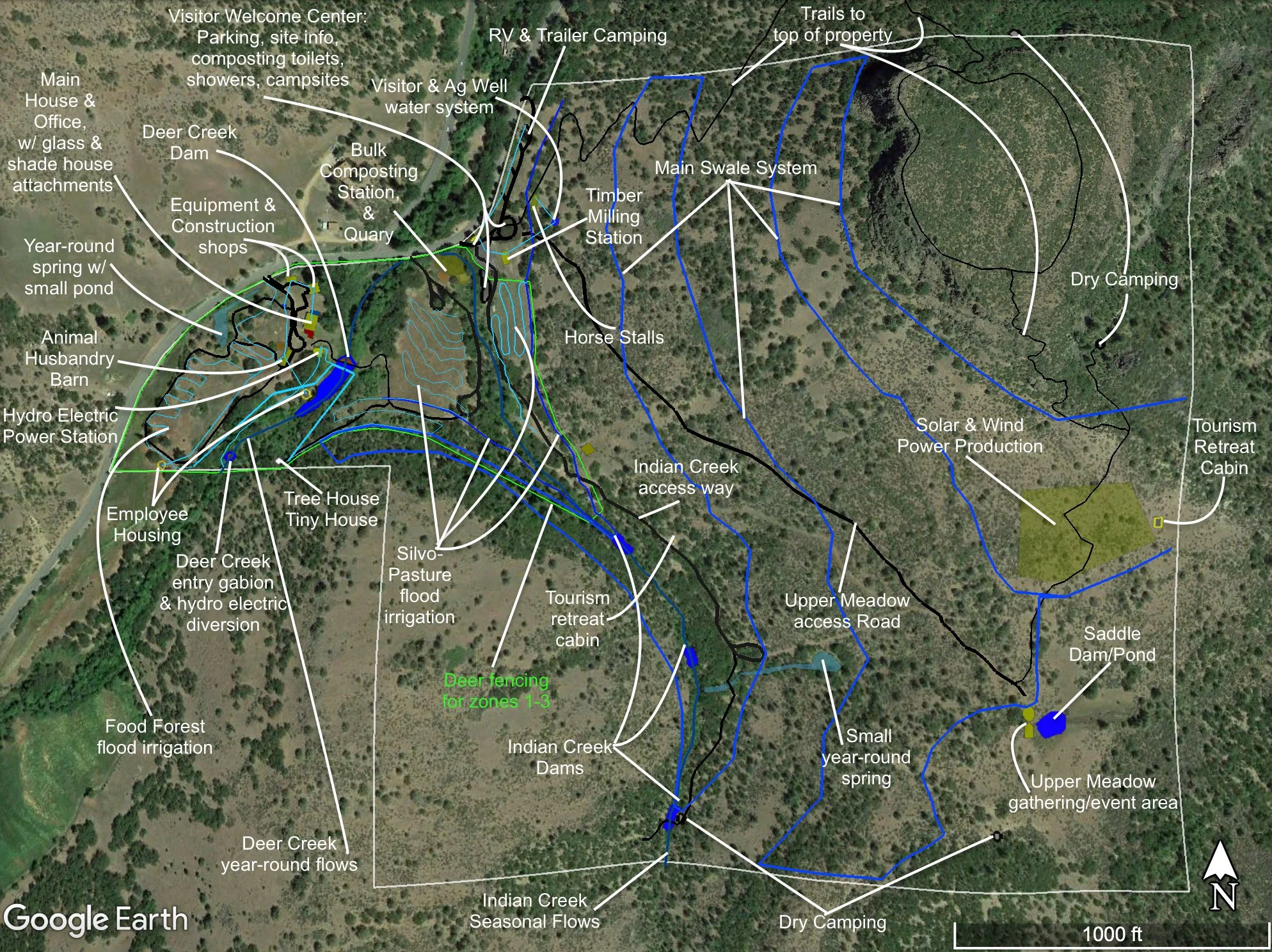 Aerial view of a property with various designated zones and features, including a visitor welcome center, main house, animal barn, RV camping area, trails, campsites, water systems, and conservation zones. Labels indicate different water management and recreational areas.