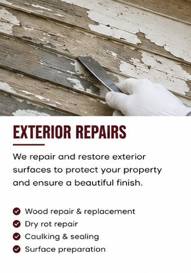 A person in white gloves using a putty knife to scrape peeling paint off wooden exterior siding, with a sign below advertising exterior repair services including wood repair, dry rot repair, caulking, sealing, and surface preparation.