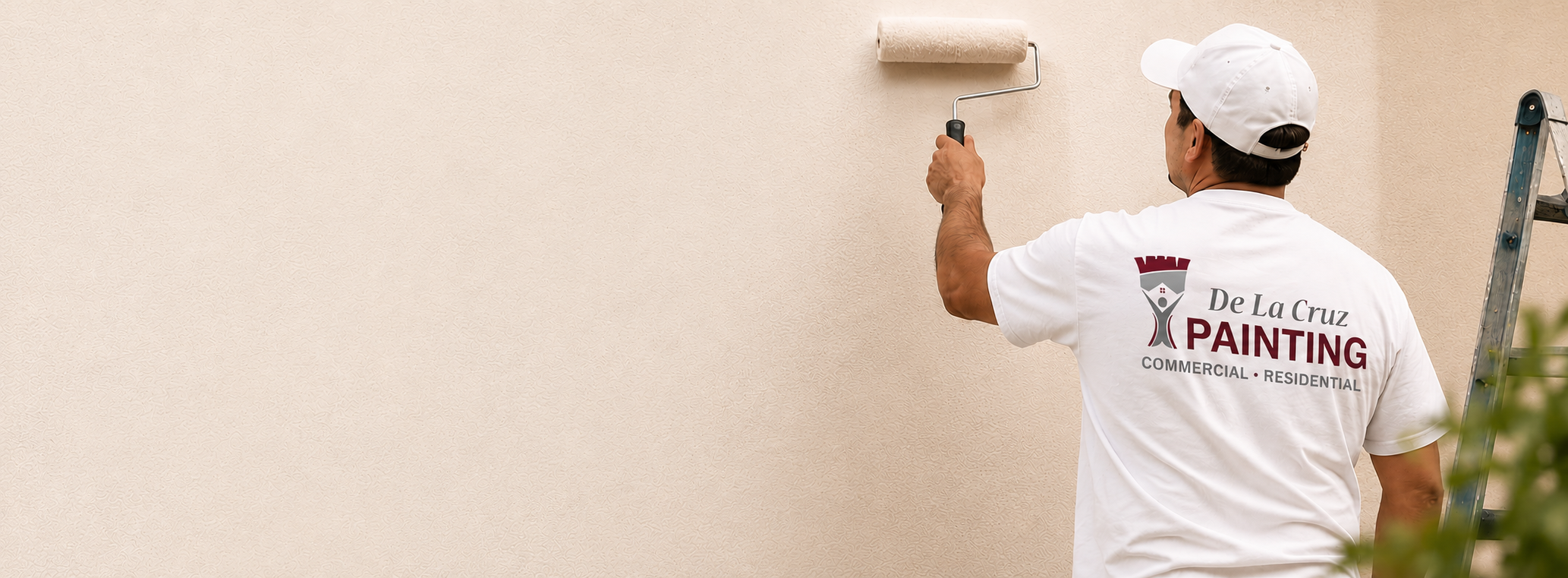 A painter in a white t-shirt and cap painting a beige wall with a roller brush. The t-shirt has the logo 'De La Cruz Painting' and words 'Commercial Residential' printed on the back.