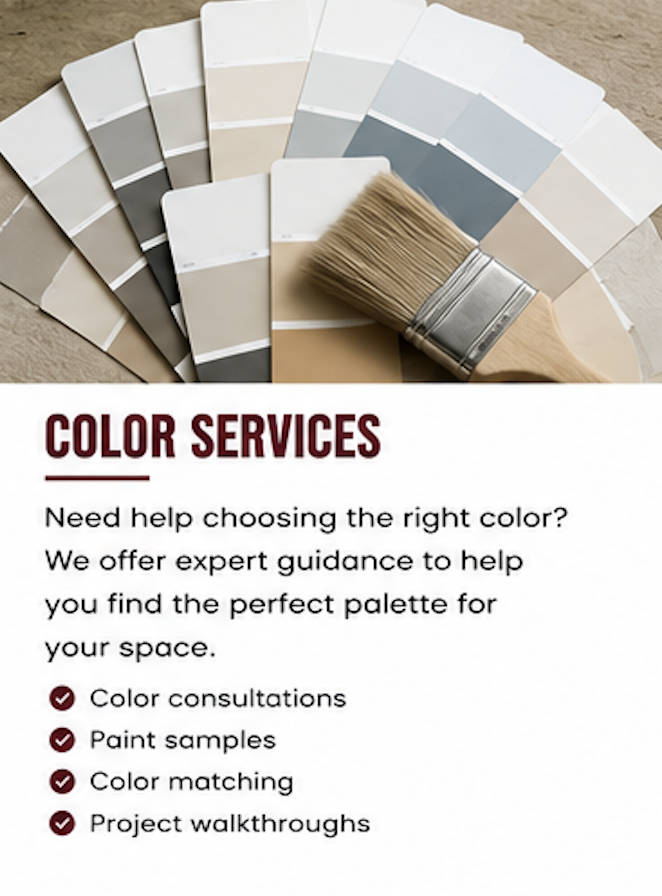 Color swatches with beige, gray, and blue tones, paint sample cards, and a paintbrush.