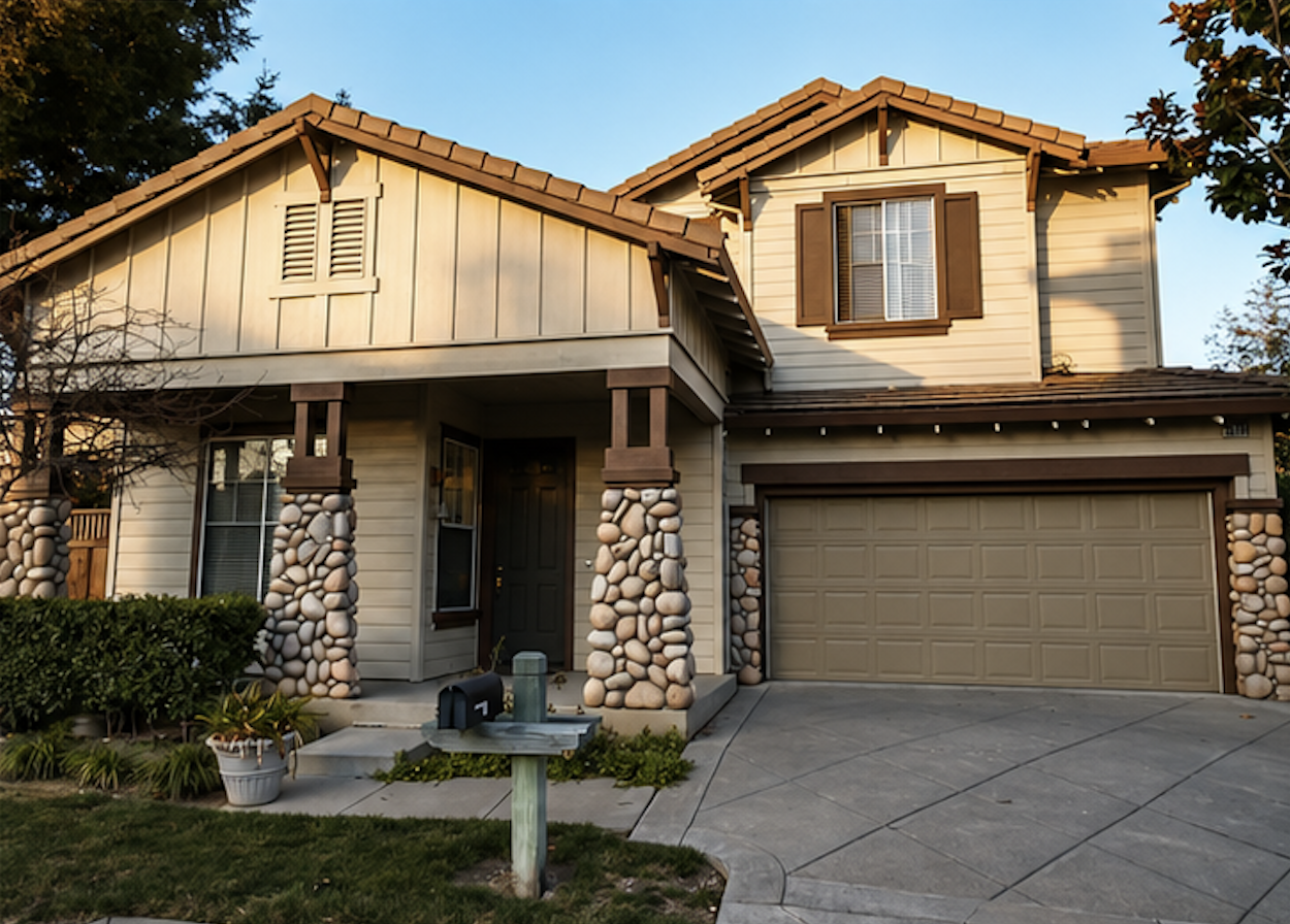 A two-story house with beige siding, brown window shutters, a stone-accented porch, and a closed garage door, illuminated by warm evening sunlight.