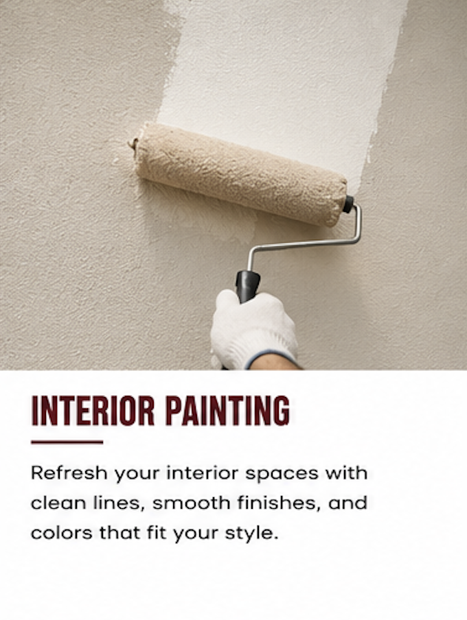 A person wearing a white glove uses a paint roller to paint a wall beige.