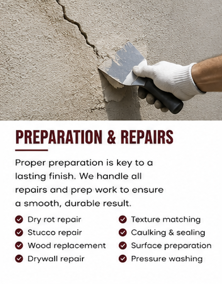 Person wearing white gloves using a putty knife to repair a crack in a wall with beige textured paint. Below, a flyer lists services for wall repair and preparation, including dry rot, stucco, wood, drywall, texture matching, caulking, surface prep, pressure washing.