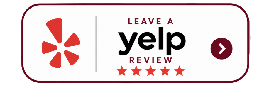 Yelp review prompt with red Yelp logo, encouraging users to leave a review with five stars, and a red arrow button.