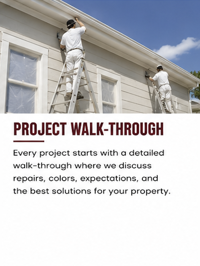 Two workers on ladders inspecting or repairing the exterior of a house with beige siding and white trim, during daytime with clear blue sky.