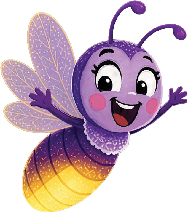 Cartoon character of a cute, smiling purple and yellow bee with large expressive eyes, pink cheeks, and purple antennae, with outstretched arms.