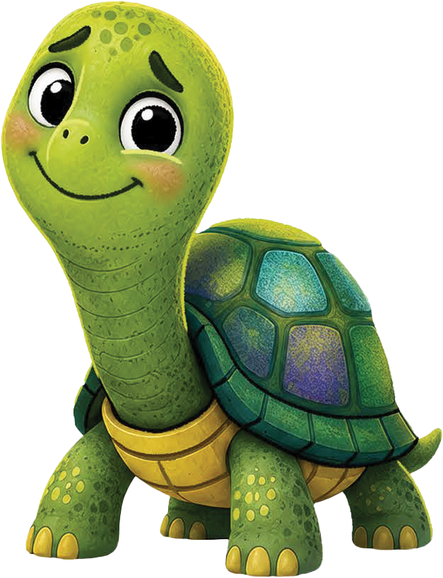 A cartoon turtle with a smiling face and large expressive eyes, showing a friendly expression.