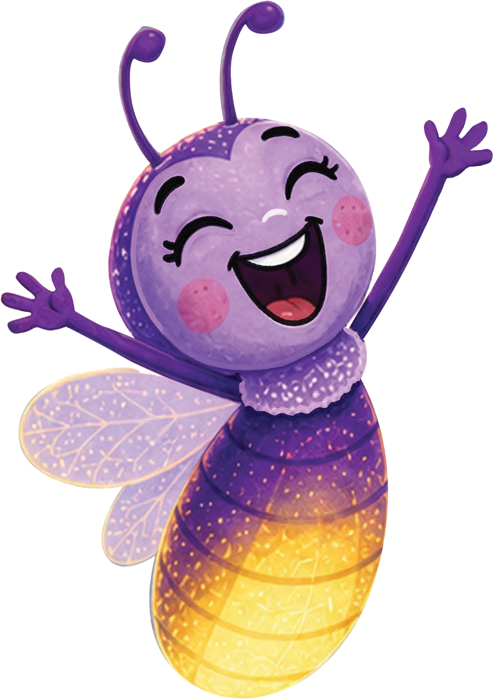 A cheerful cartoon bee with purple wings and antennae, pink cheeks, and a big open smile, extending its arms outward.