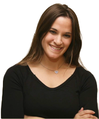 A smiling woman with long brown hair, wearing a black shirt and a necklace, standing against a white background.