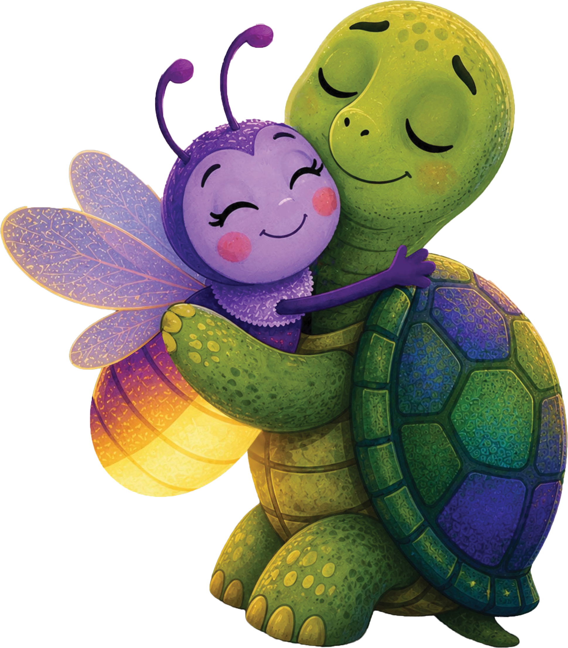 Animated image of a smiling purple fairy with transparent purple wings hugging a green turtle with a long neck, closed eyes, and a content expression.
