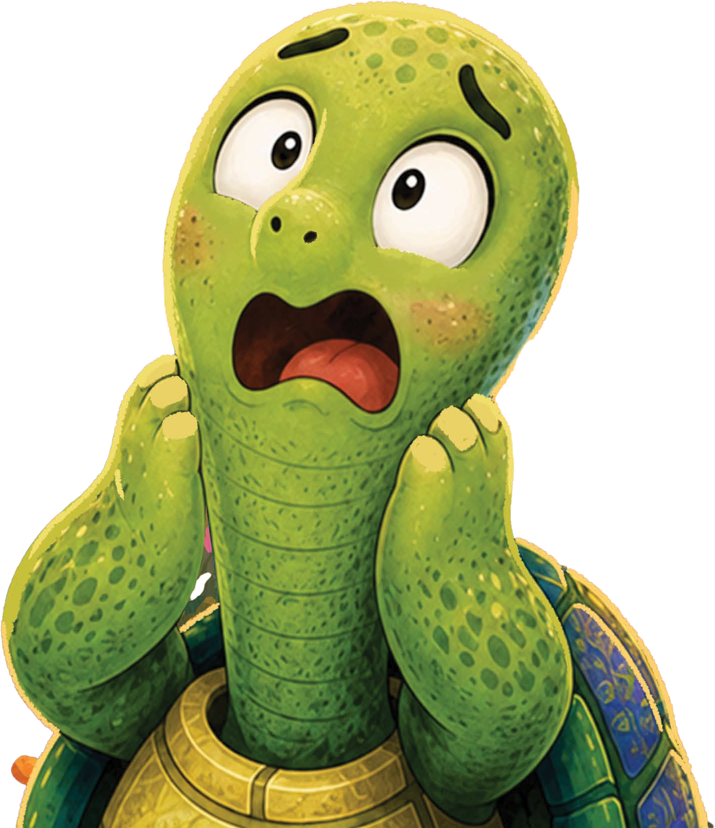 A cartoon turtle with a distressed expression, holding its cheeks with both hands.