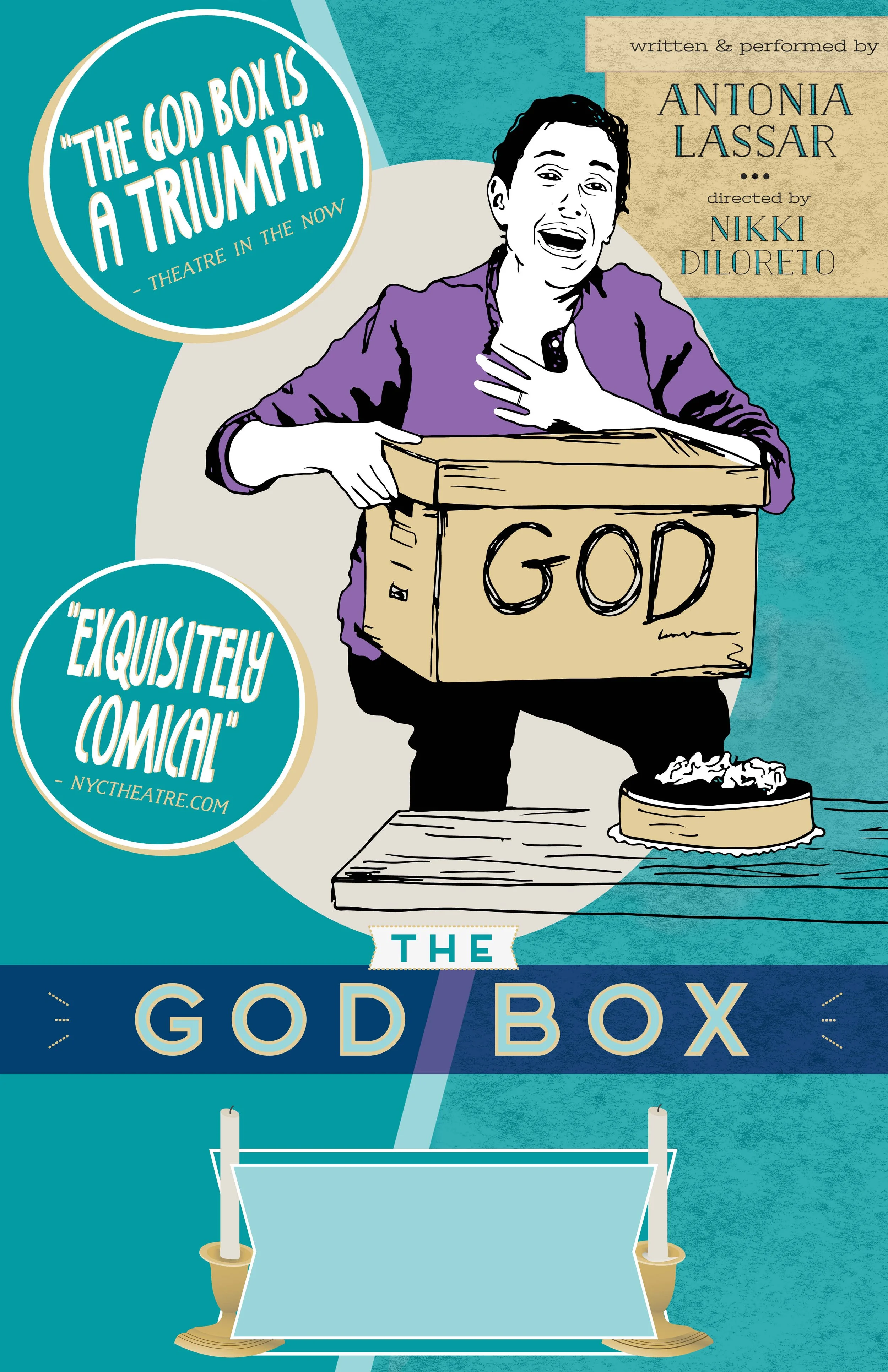 Illustration of a woman holding a box labeled 'GOD' at a religious event with candles and an altar in the foreground, promoting a play titled 'The God Box' by Antonia Lassar.