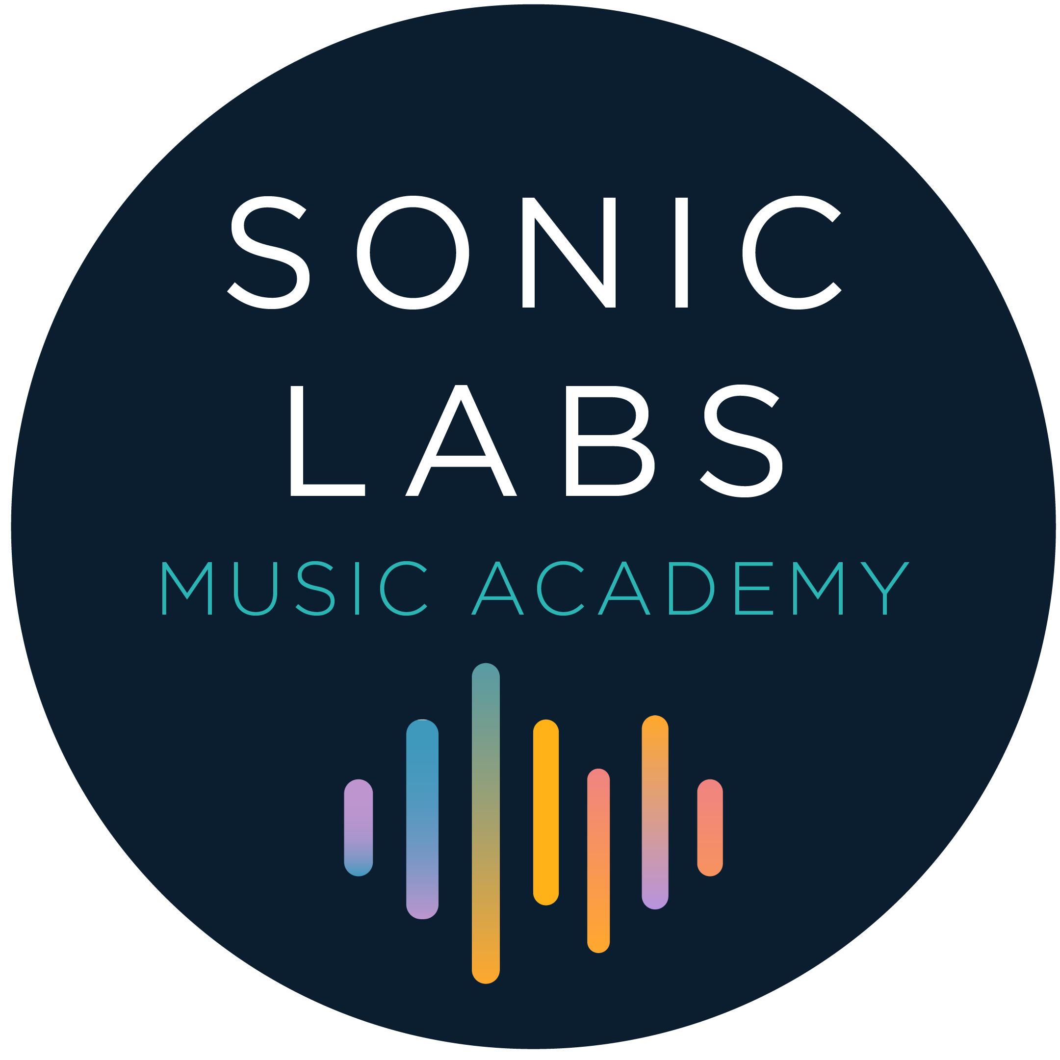 Logo of Sonic Labs Music Academy with a dark background, the word 'SONIC' in white, and colorful sound wave graphics below.