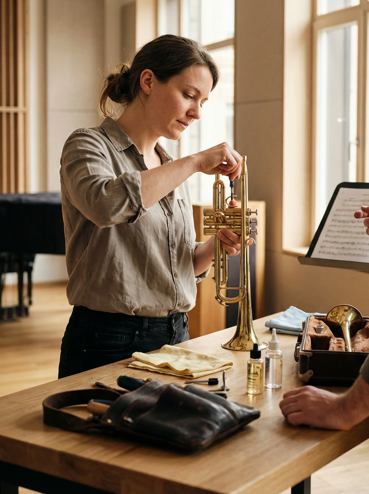 A woman cleaning a trumpet at a wooden table in a well-lit room with large windows.