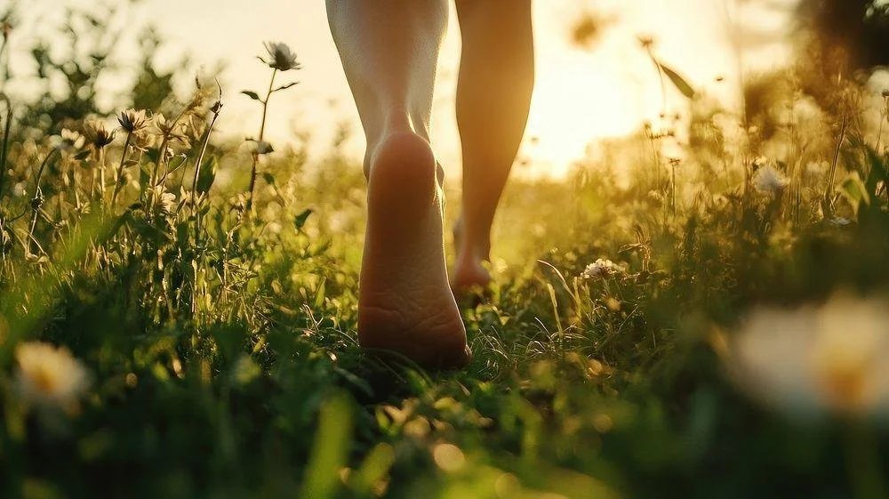 Bare feet walking through grass in warm sunlight