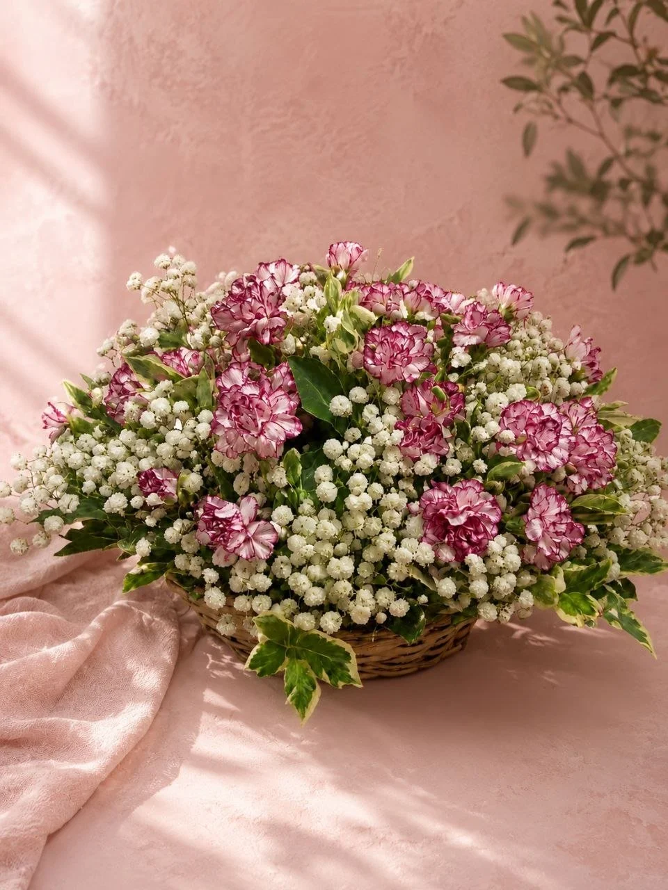 Pink and white carnations with greenery in a wicker basket on pink fabric with a pink background.