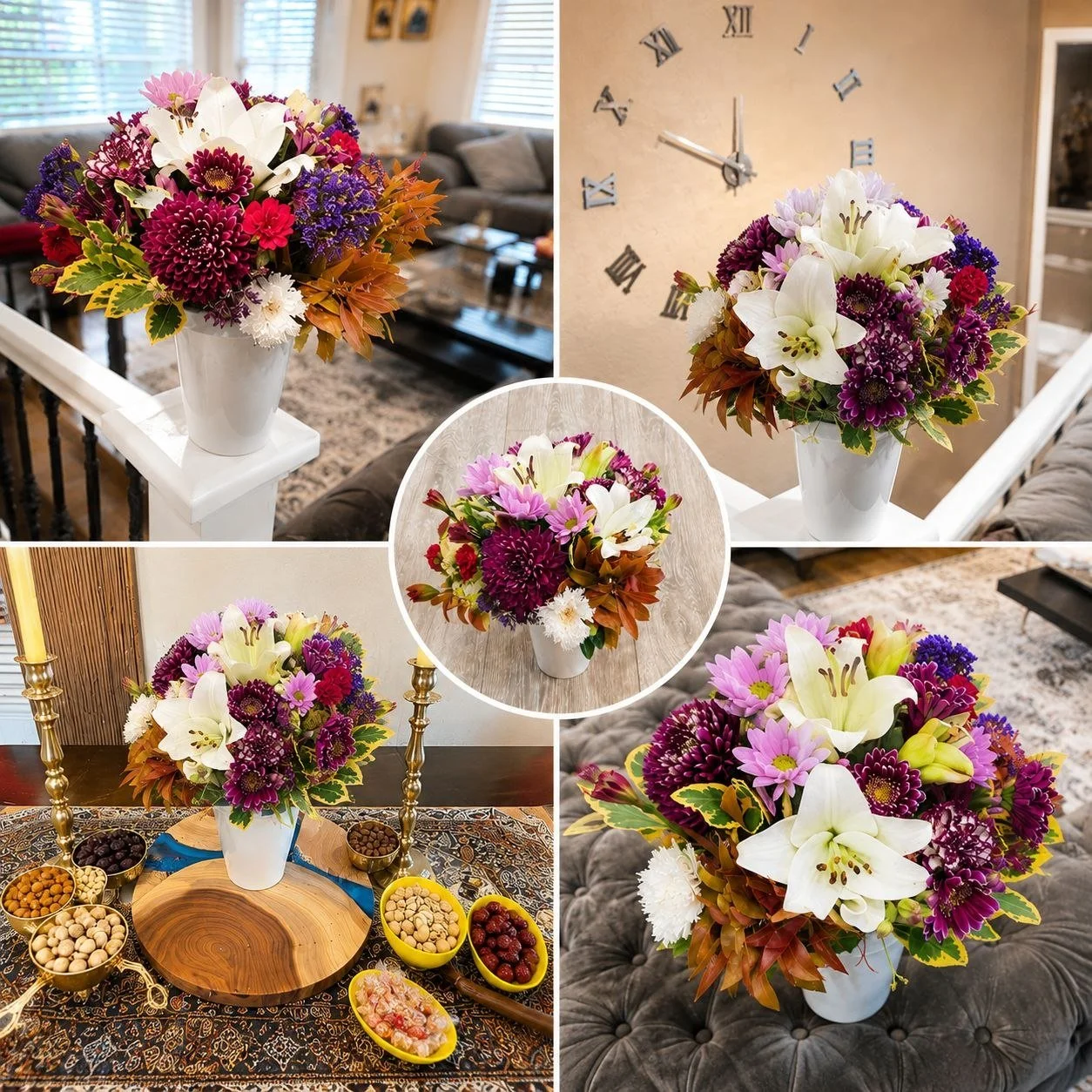 Collage of four images showing a colorful floral arrangement in a white vase with white lilies, purple and red flowers, and greenery in various home settings.